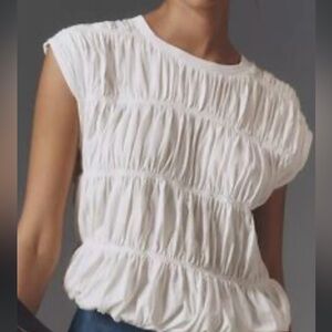 Maeve White Ruched Cap-Sleeve Blouse